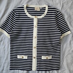 Elie Tahari Navy and Cream Striped Button Down Shirt Elegant Beach Coastal Vibe